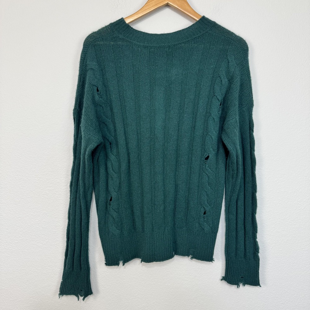 Aqua Cashmere Sweater Women's Medium Green Distressed Cable Knit Pullover Grunge - Picture 7 of 15